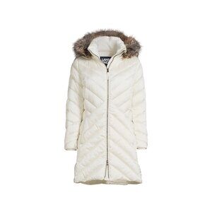 NWOT Lands End Insulated Cozy Fleece Lined Faux Fur Hooded Winter Coat Ivory M N
